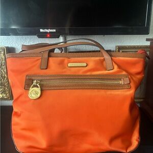 Michael Kors Vibrant Orange Tote with Brown Trim